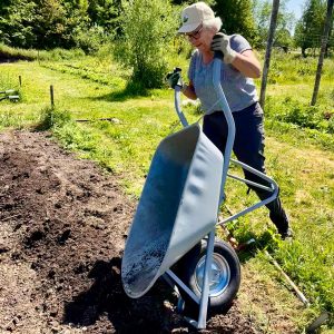vrijwilliger helpt in de no-dig moestuin